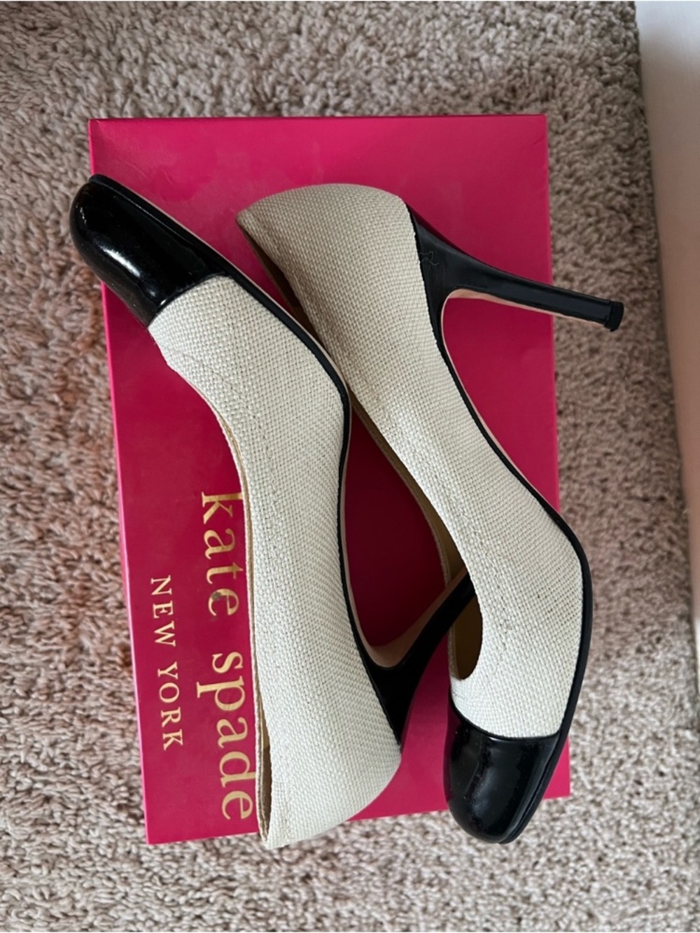 kate spade Two-Tone Cream and Black Pointed Cap-Toe Pumps